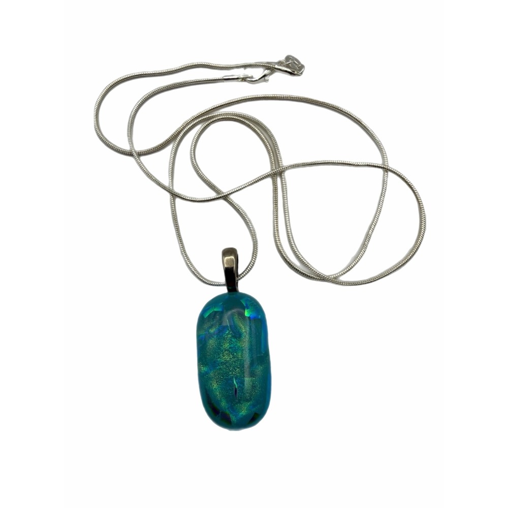 Dichroic Glass Teal Iridescent Pendant Necklace Silver Tone Snake Chain Artisan